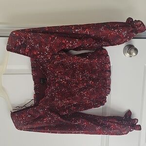 Japna Red Multi Floral Smocked Long Sleeve Crop‎ Top Size L NWT